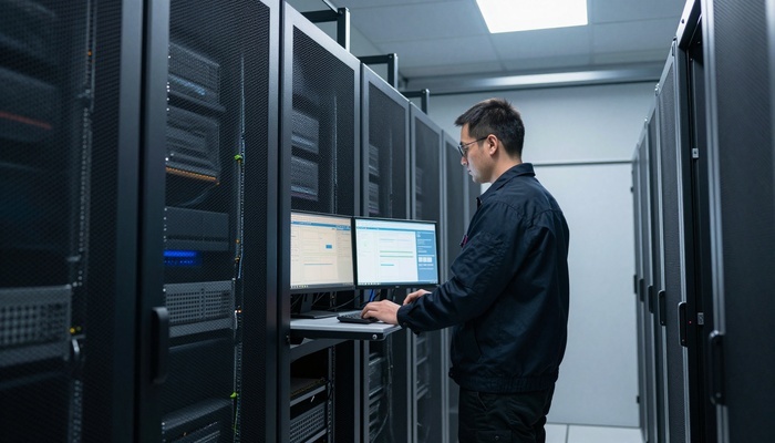 Technician standing beside server racks and dual monitors in a server room | تکنسین کنار رک‌های سرور و دو مانیتور در اتاق سرور