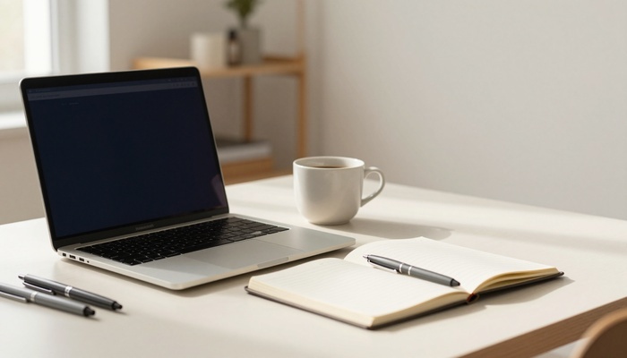 Open laptop, notebook, and coffee cup on a clean desk by a window | لپ‌تاپ باز، دفترچه و فنجان قهوه روی میز کنار پنجره
