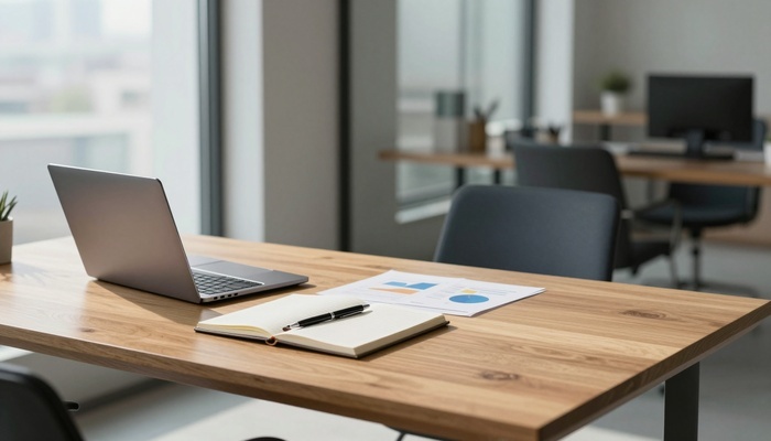 Laptop, notebook, and charts on a wooden desk in a bright office | لپ‌تاپ، دفترچه و نمودارها روی میز چوبی در دفتر روشن