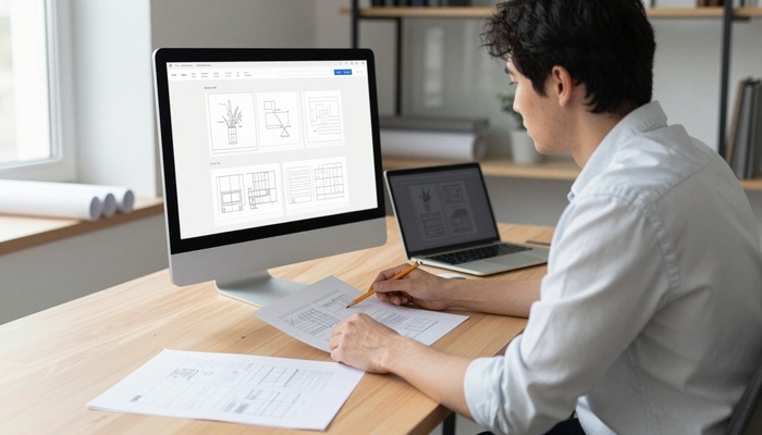 Designer at a desk with paper wireframes, laptop, and a large monitor | طراح پشت میز با وایرفریم کاغذی، لپ‌تاپ و مانیتور بزرگ