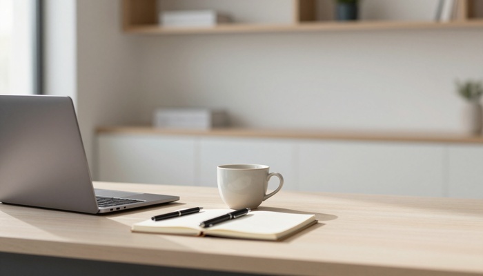 Desk with laptop, notebook, and coffee cup in clean workspace | میز با لپ‌تاپ، دفترچه و فنجان قهوه در فضای کاری تمیز
