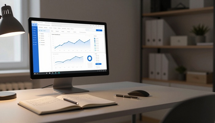 Person viewing website analytics dashboard on monitor with notebook and pen | فردی در حال مشاهده داشبورد تحلیل سایت روی مانیتور با دفترچه و خودکار