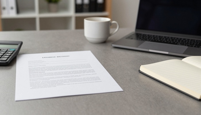 Desk with contract papers, calculator, and laptop beside a coffee cup | میز با برگه‌های قرارداد، ماشین‌حساب و لپ‌تاپ کنار فنجان قهوه