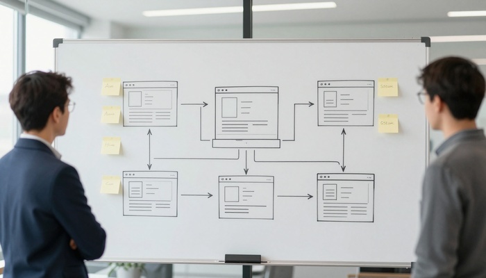 دو نفر در حال نگاه به نمودارهای ساختار سایت روی تخته سفید | Two people viewing website structure diagrams on a whiteboard