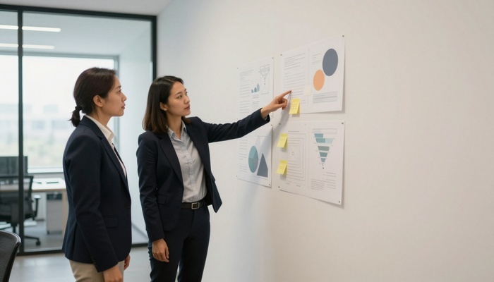 Three people discussing charts on a wall in a modern office | سه نفر در حال گفت‌وگو درباره نمودارها روی دیوار دفتر مدرن