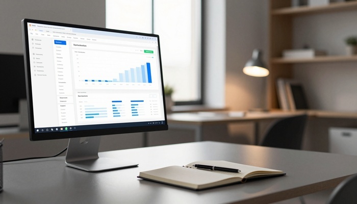 Desk with analytics screen, notebook, and pen in a modern workspace | میز کار با صفحه تحلیل، دفترچه و خودکار در فضای مدرن