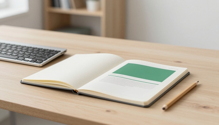 Notebook, keyboard, and printed page layout on a desk | دفترچه، کیبورد و چیدمان صفحه چاپی روی میز
