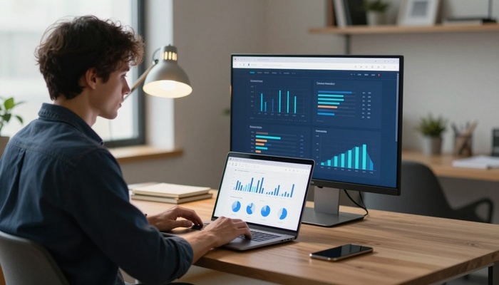 شخصی در حال بررسی نمودارها روی لپتاپ و مانیتور | Person reviewing charts on laptop and monitor