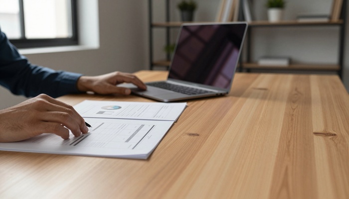 Person’s hands over printed website wireframes and a laptop on a desk, planning a WordPress business site | دست‌ها روی وایرفریم‌های چاپی و لپ‌تاپ برای برنامه‌ریزی سایت وردپرس