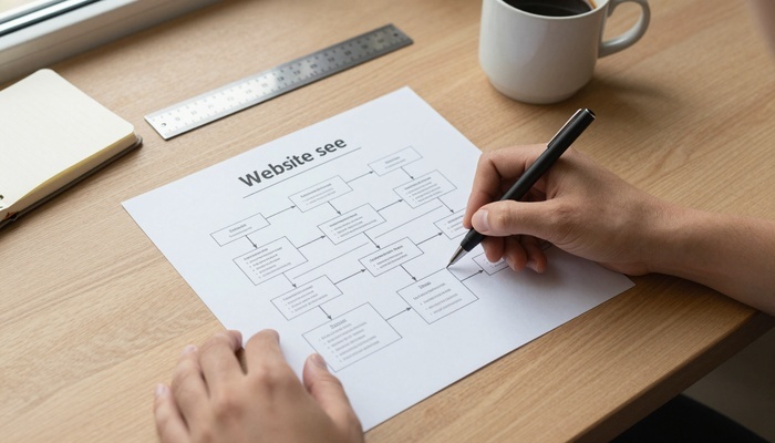 Hands sketching a website sitemap with product pages and category nodes on paper | دست‌هایی که نقشه سایت با صفحات محصول و دسته‌بندی را روی کاغذ می‌کشند
